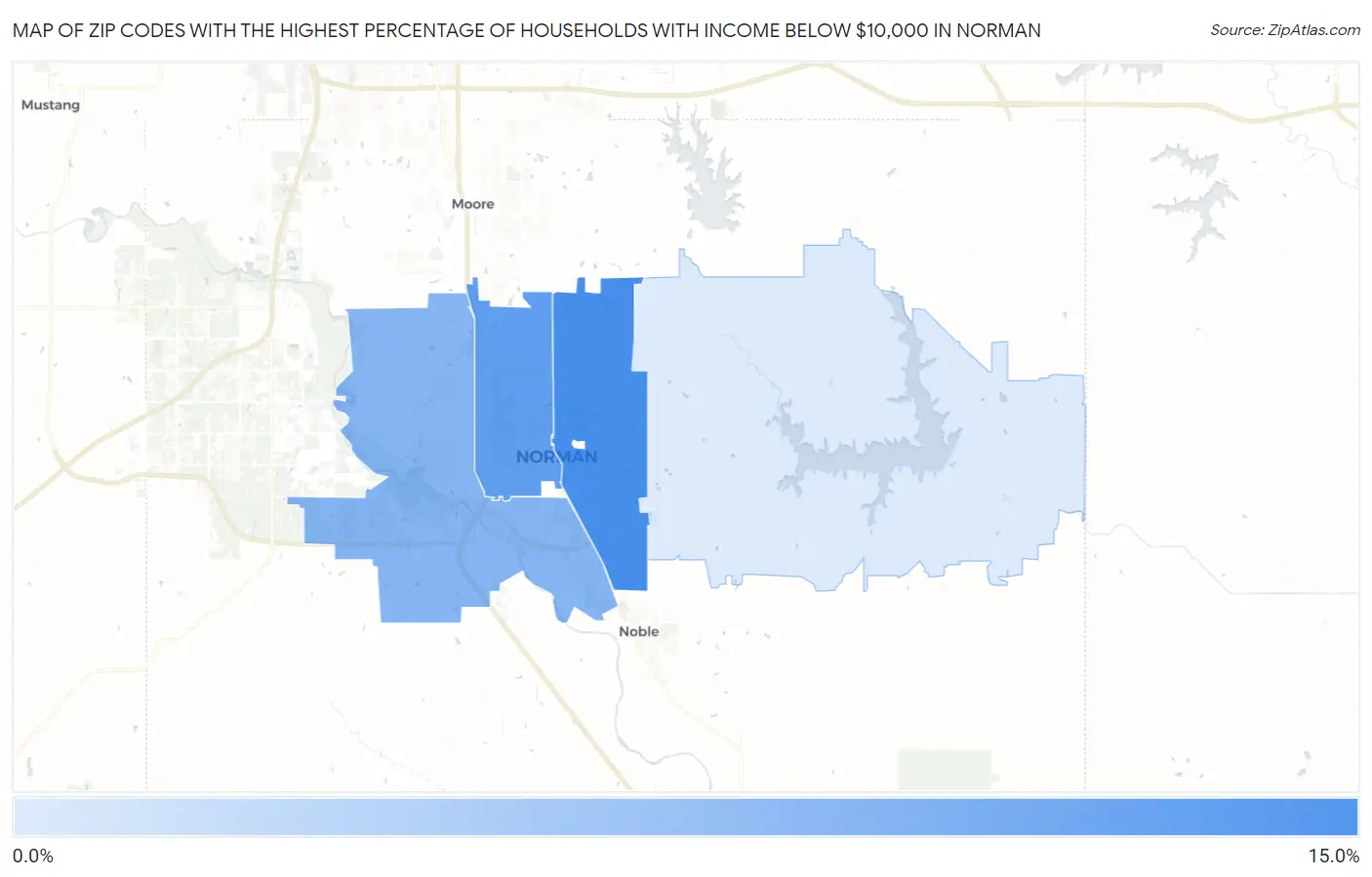 Zip Codes with the Highest Percentage of Households with Income Below $10,000 in Norman Map