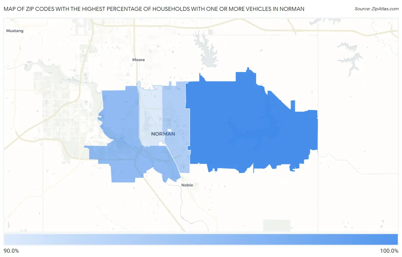 Zip Codes with the Highest Percentage of Households With One or more Vehicles in Norman Map