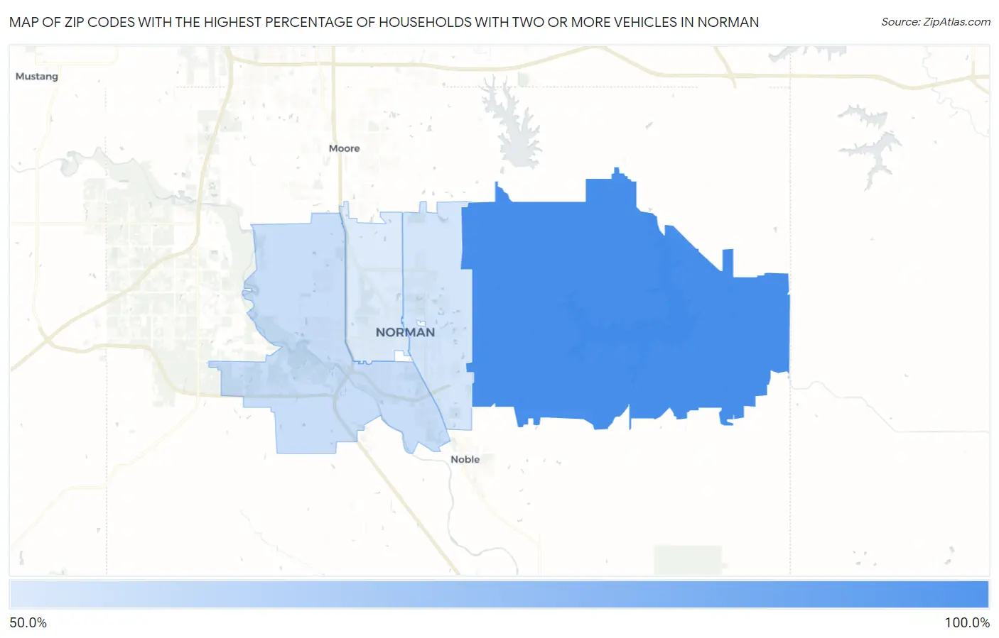 Zip Codes with the Highest Percentage of Households With Two or more Vehicles in Norman Map