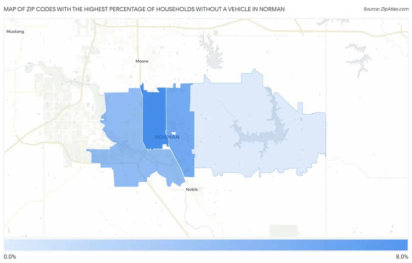 Zip Codes with the Highest Percentage of Households Without a Vehicle in Norman Map