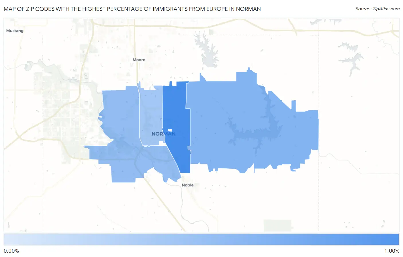 Zip Codes with the Highest Percentage of Immigrants from Europe in Norman Map