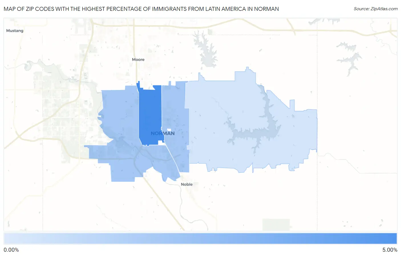 Zip Codes with the Highest Percentage of Immigrants from Latin America in Norman Map