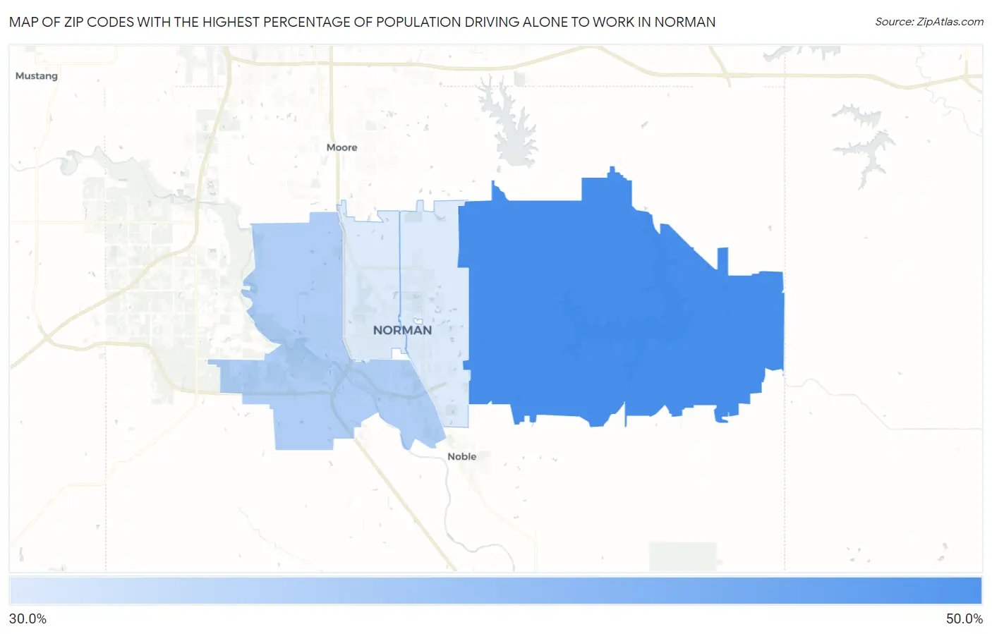 Zip Codes with the Highest Percentage of Population Driving Alone to Work in Norman Map