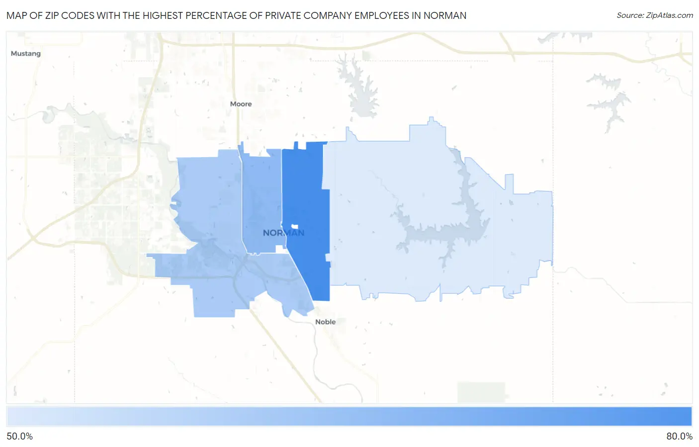 Zip Codes with the Highest Percentage of Private Company Employees in Norman Map