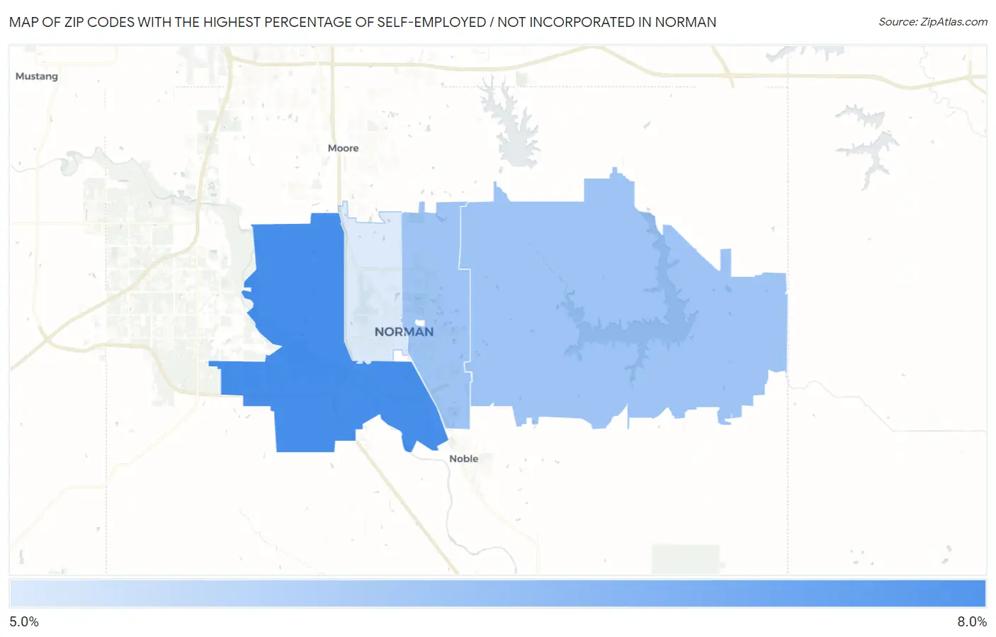 Zip Codes with the Highest Percentage of Self-Employed / Not Incorporated in Norman Map