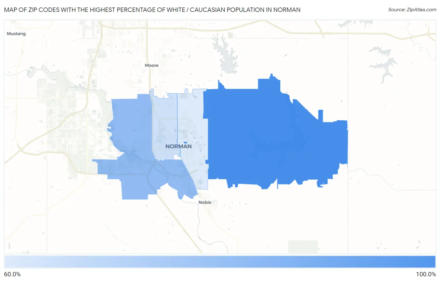 Zip Codes with the Highest Percentage of White / Caucasian Population in Norman Map