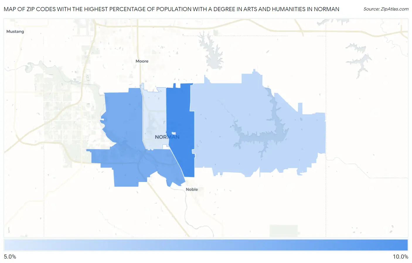 Zip Codes with the Highest Percentage of Population with a Degree in Arts and Humanities in Norman Map
