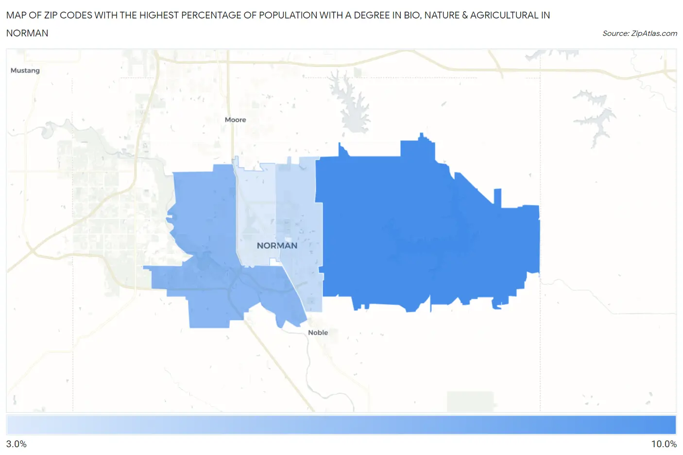 Zip Codes with the Highest Percentage of Population with a Degree in Bio, Nature & Agricultural in Norman Map