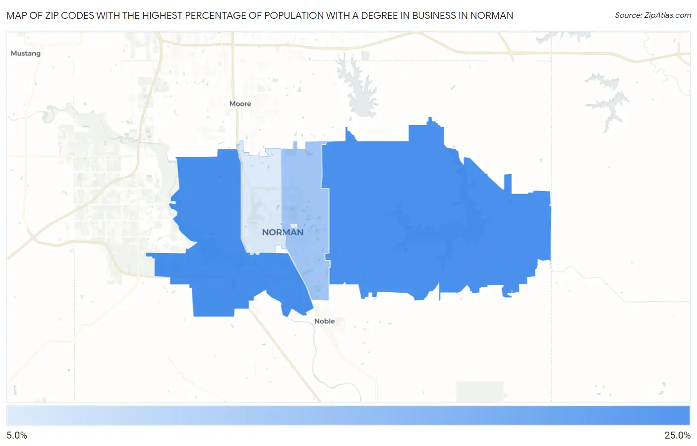 Zip Codes with the Highest Percentage of Population with a Degree in Business in Norman Map