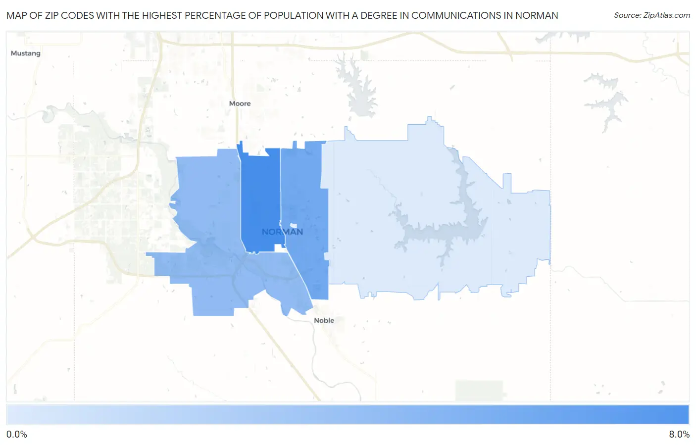 Zip Codes with the Highest Percentage of Population with a Degree in Communications in Norman Map