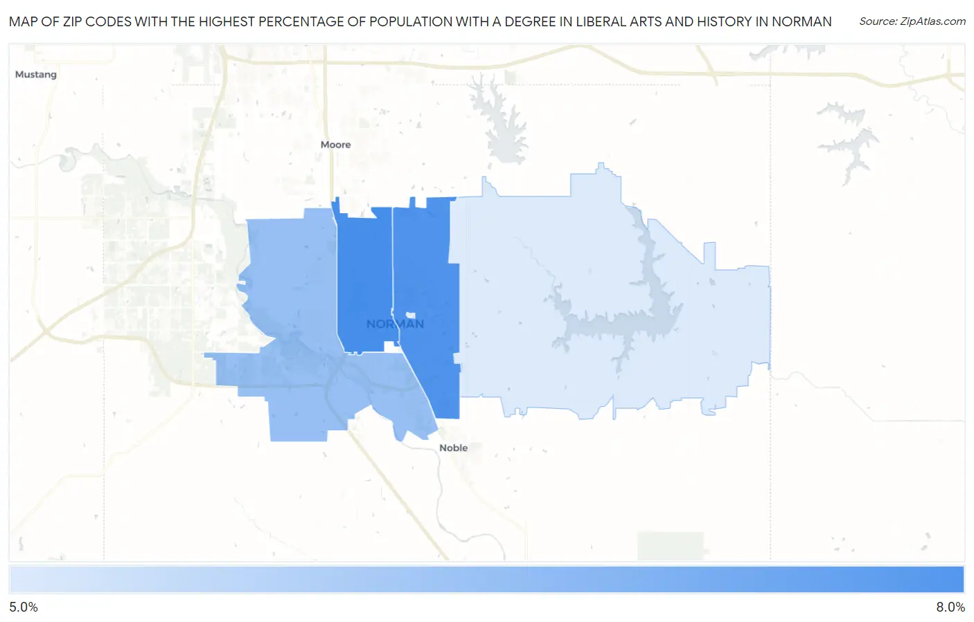 Zip Codes with the Highest Percentage of Population with a Degree in Liberal Arts and History in Norman Map