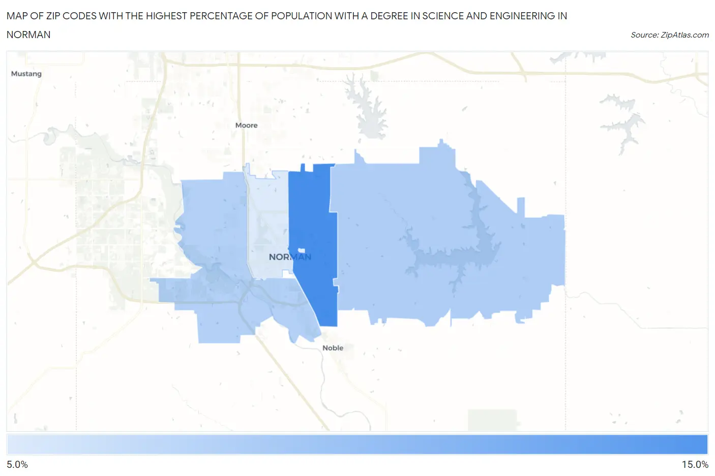 Zip Codes with the Highest Percentage of Population with a Degree in Science and Engineering in Norman Map