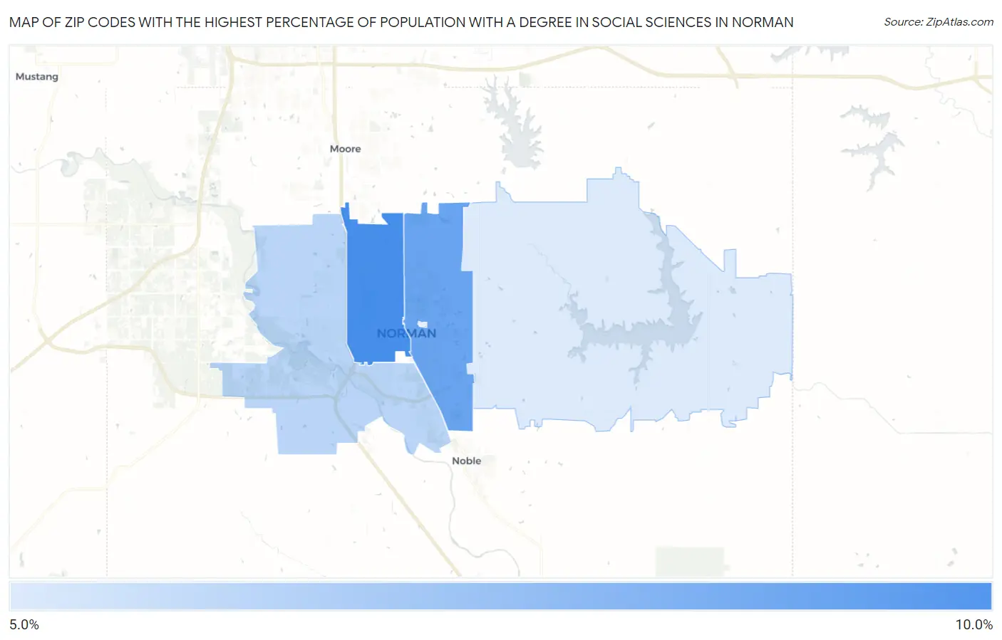 Zip Codes with the Highest Percentage of Population with a Degree in Social Sciences in Norman Map