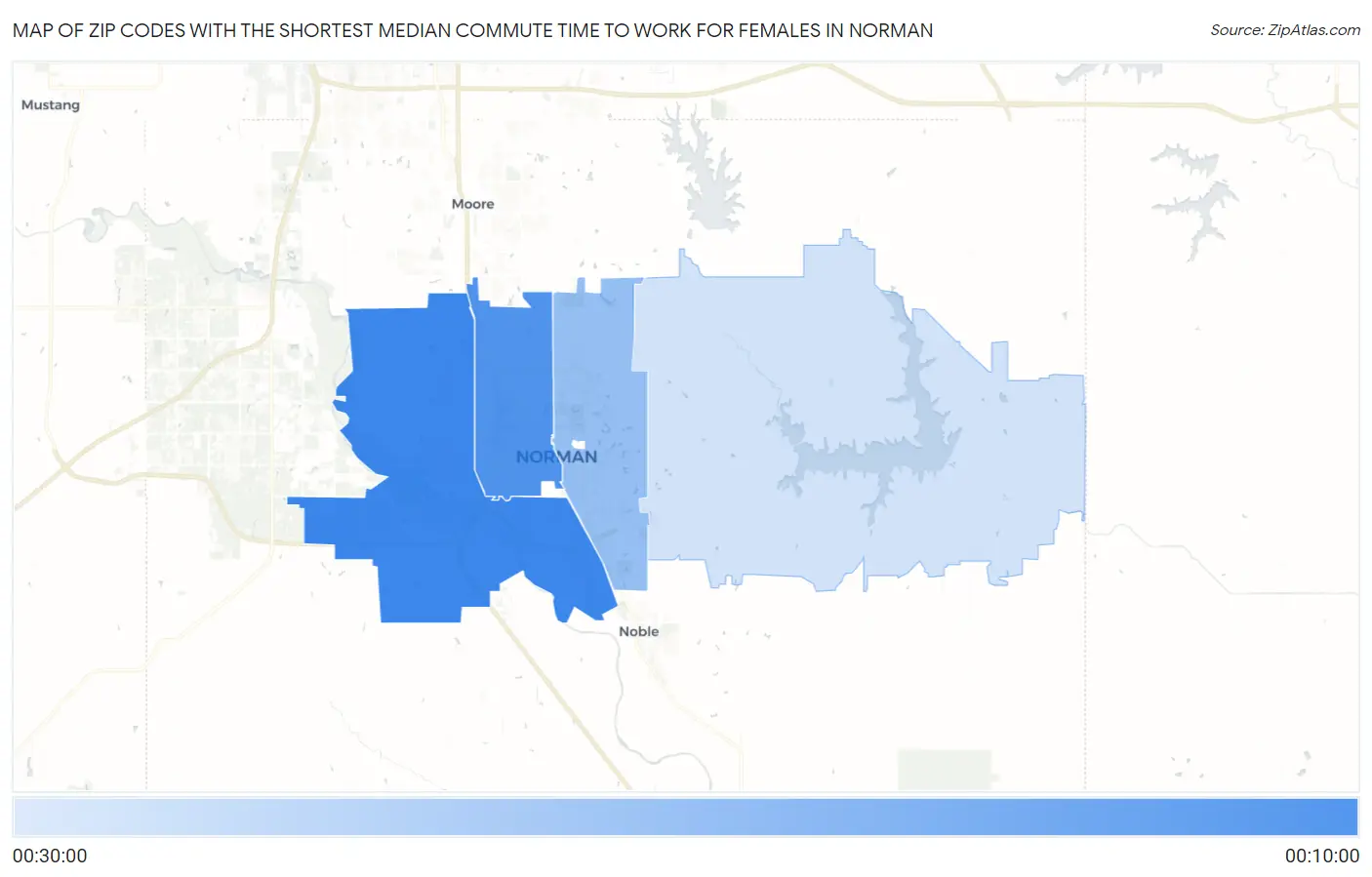 Zip Codes with the Shortest Median Commute Time to Work for Females in Norman Map