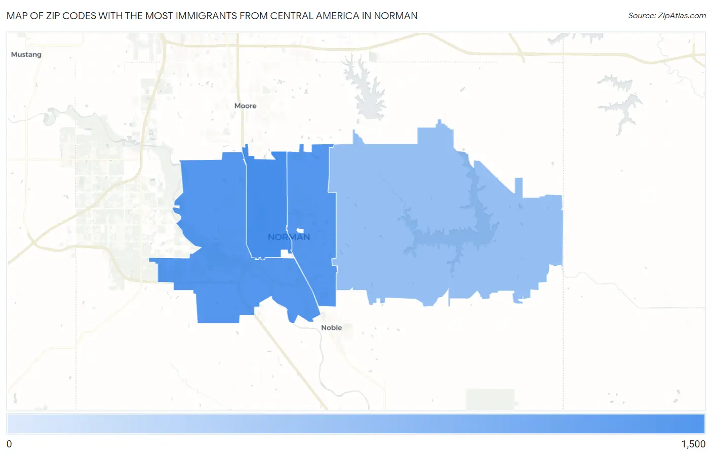 Zip Codes with the Most Immigrants from Central America in Norman Map