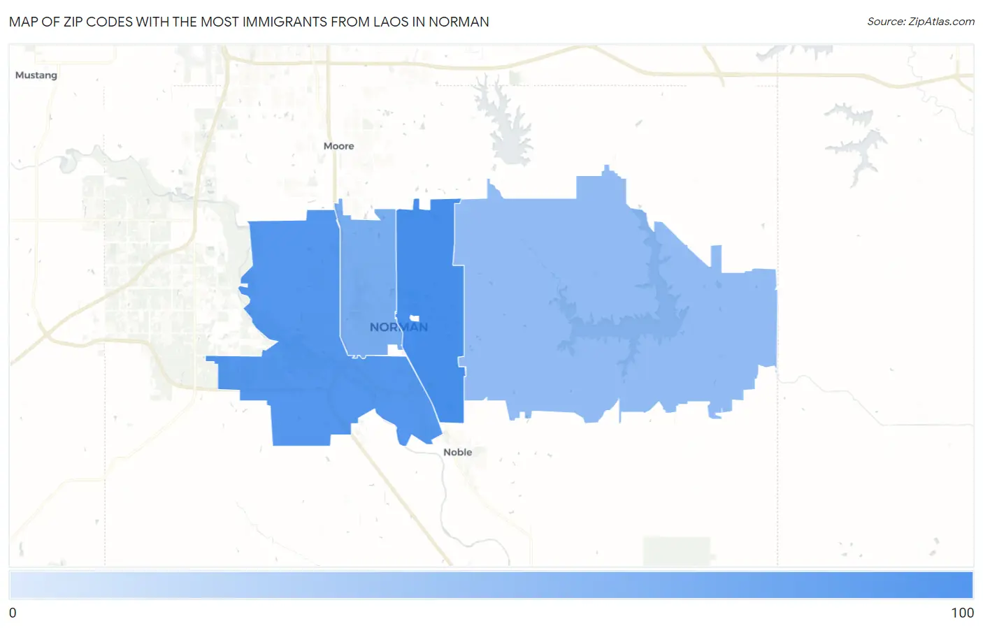 Zip Codes with the Most Immigrants from Laos in Norman Map