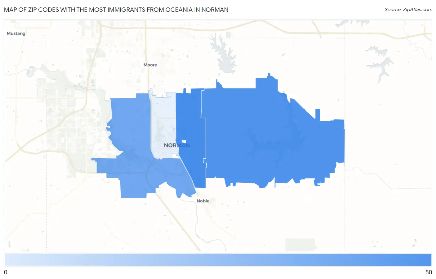 Zip Codes with the Most Immigrants from Oceania in Norman Map