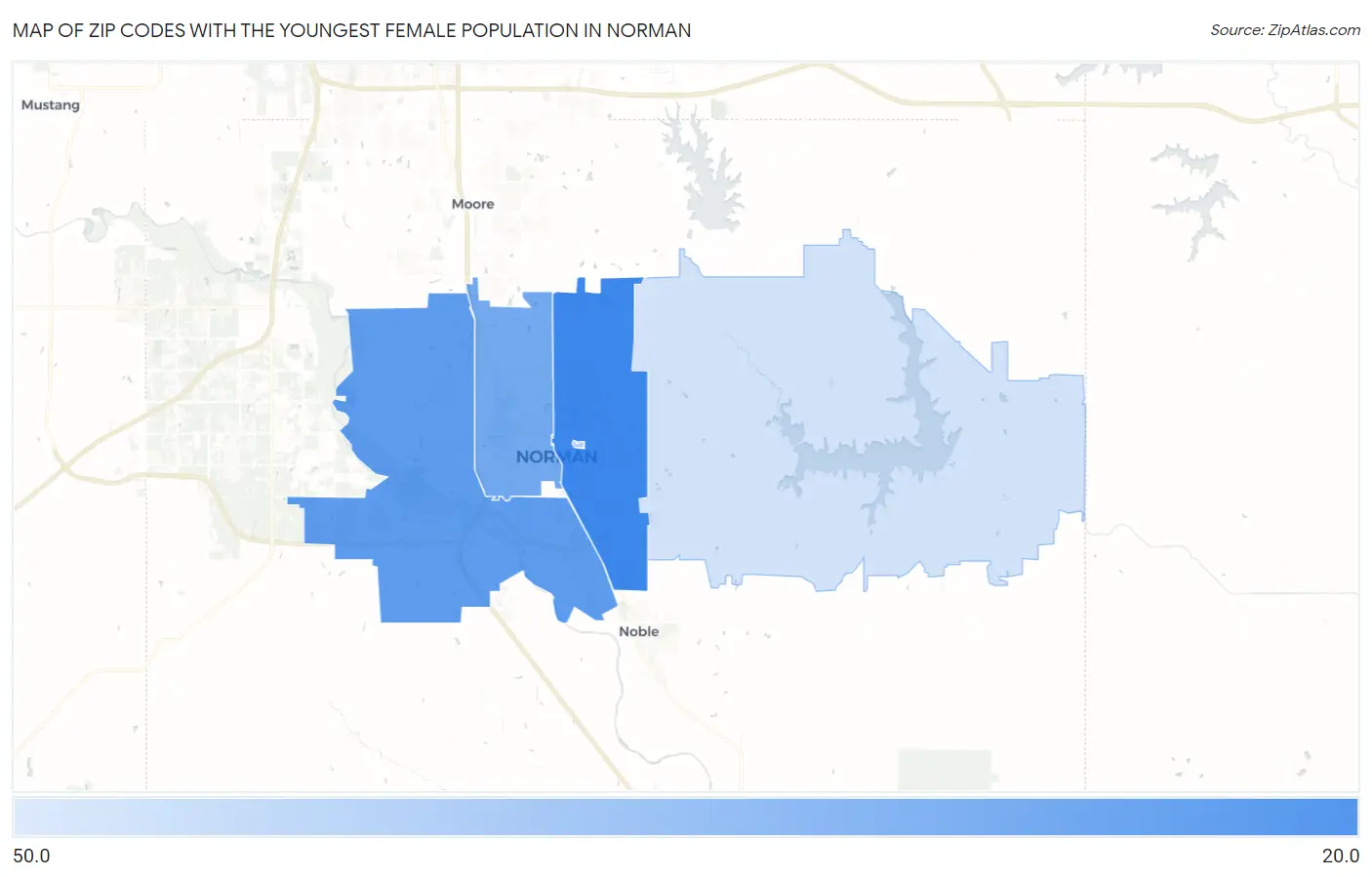 Zip Codes with the Youngest Female Population in Norman Map