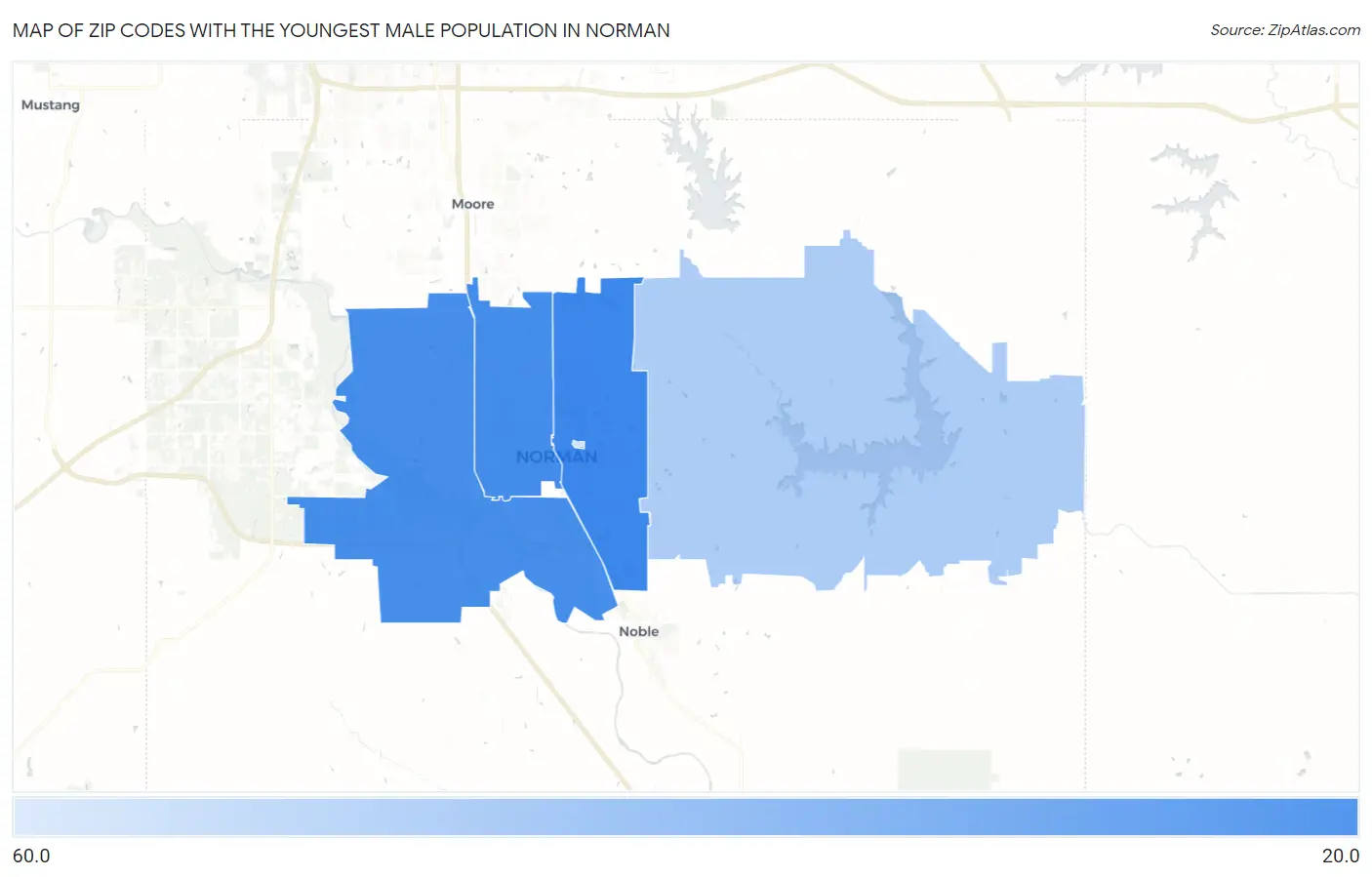 Zip Codes with the Youngest Male Population in Norman Map