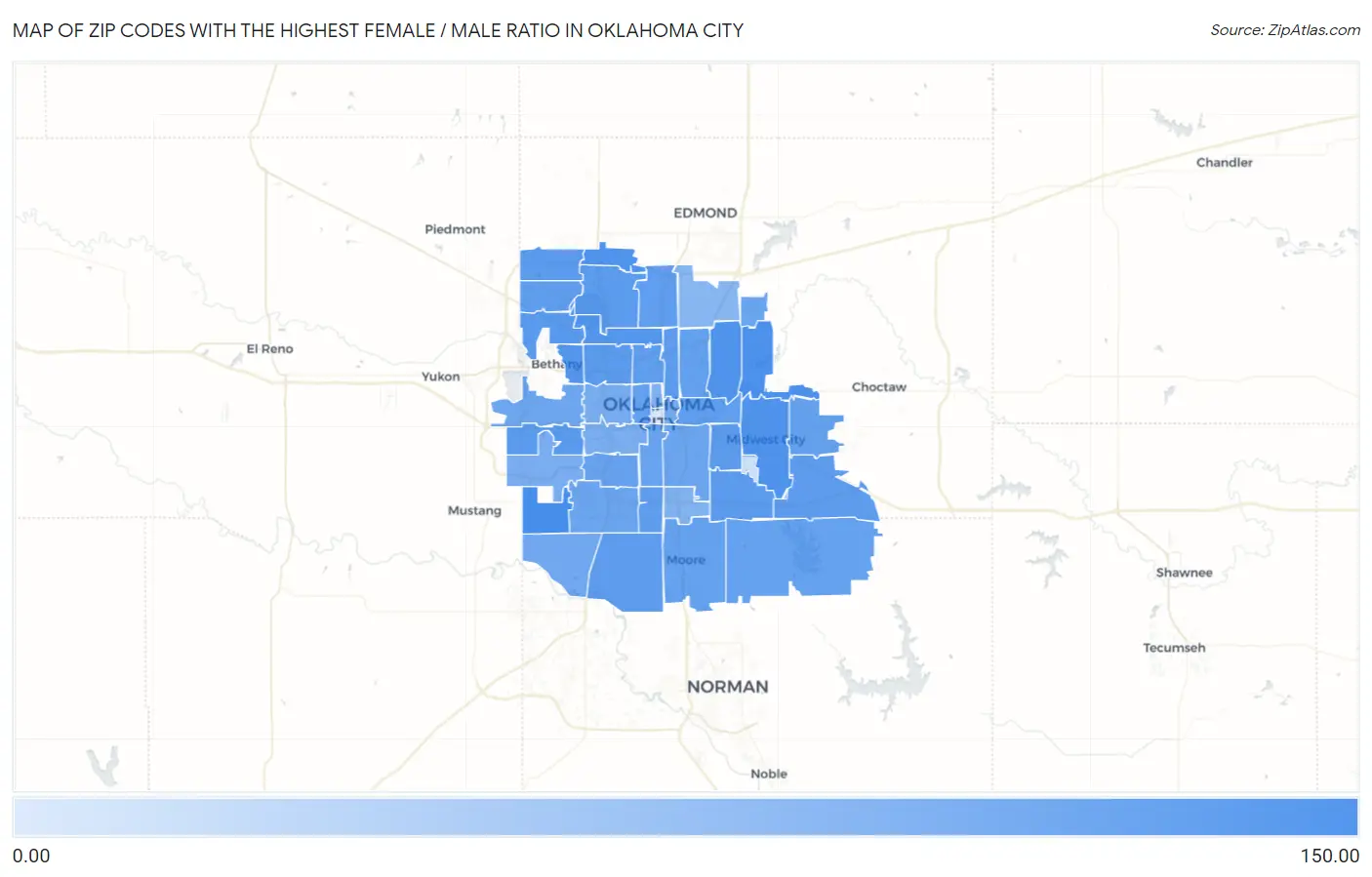 Zip Codes with the Highest Female / Male Ratio in Oklahoma City Map