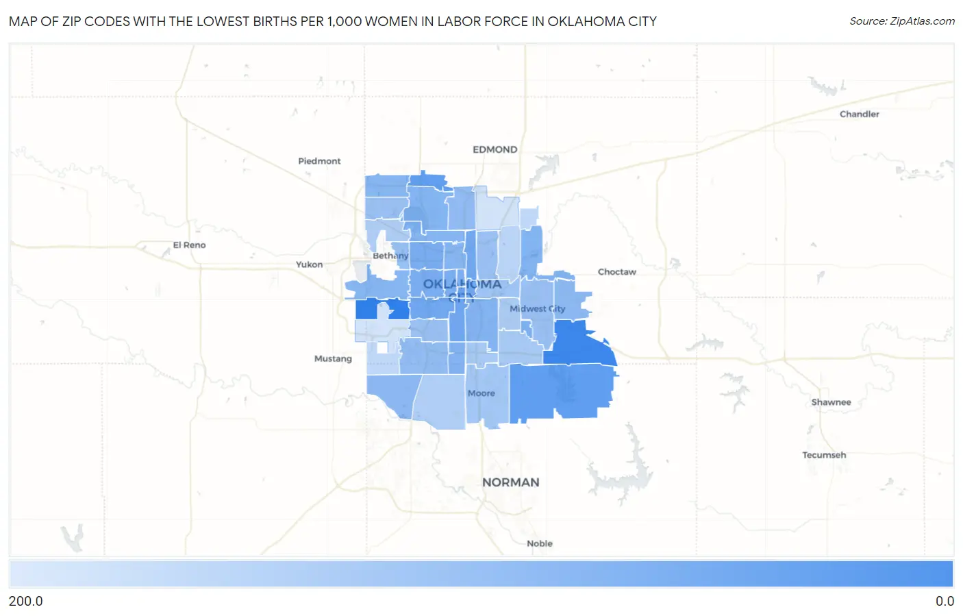 Zip Codes with the Lowest Births per 1,000 Women in Labor Force in Oklahoma City Map