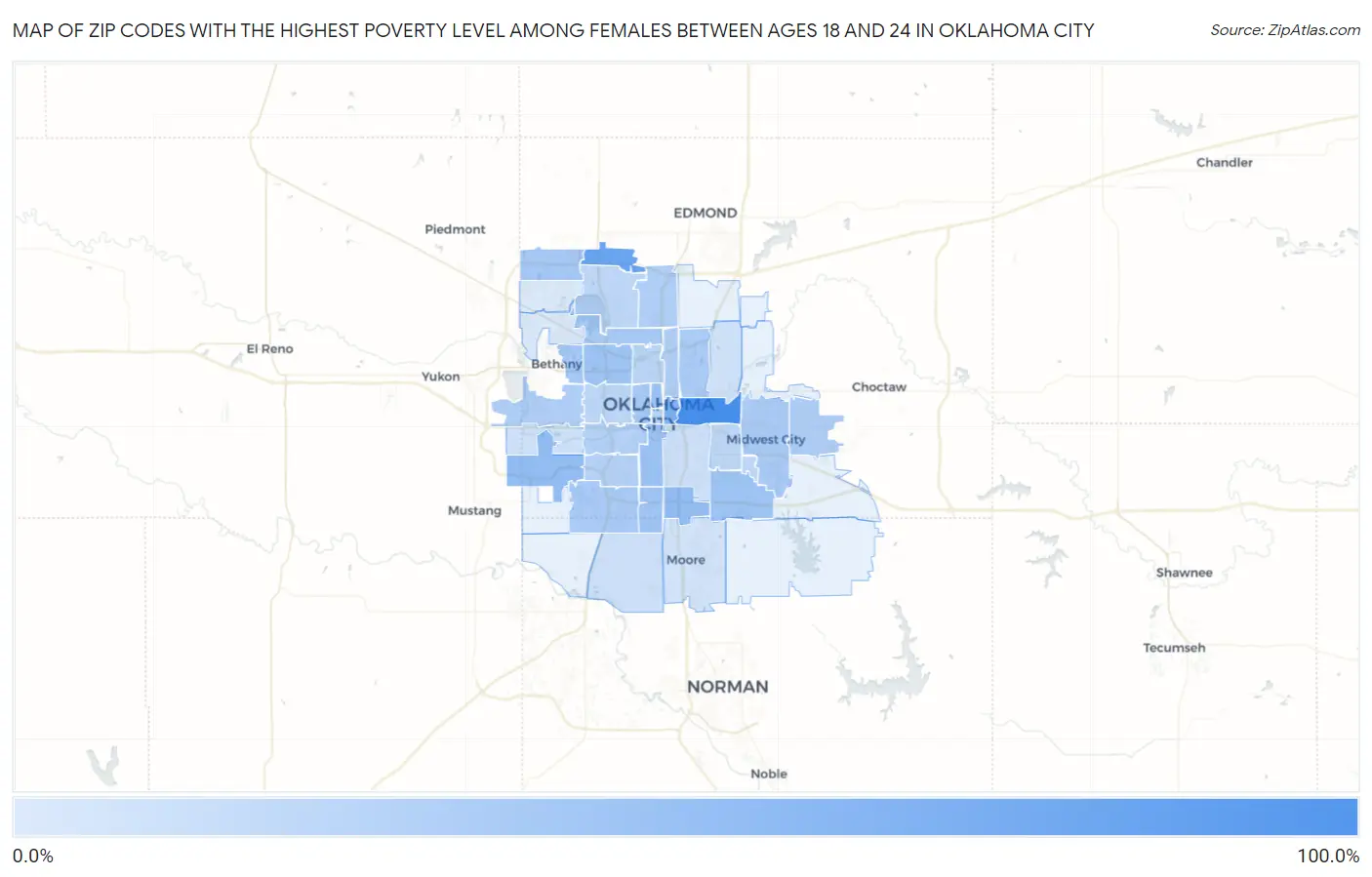 Zip Codes with the Highest Poverty Level Among Females Between Ages 18 and 24 in Oklahoma City Map
