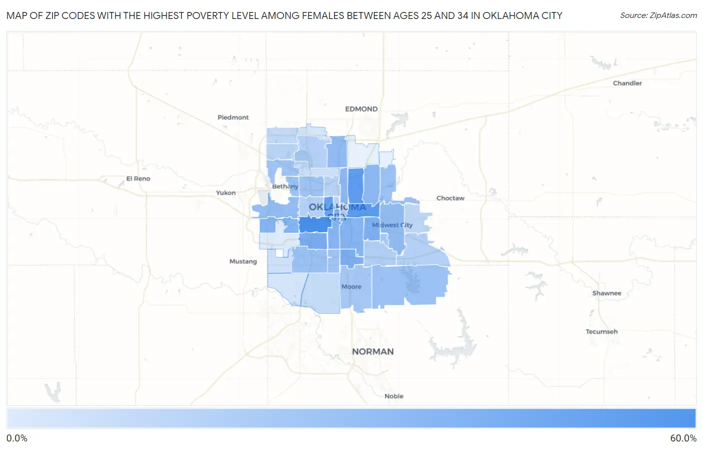 Zip Codes with the Highest Poverty Level Among Females Between Ages 25 and 34 in Oklahoma City Map