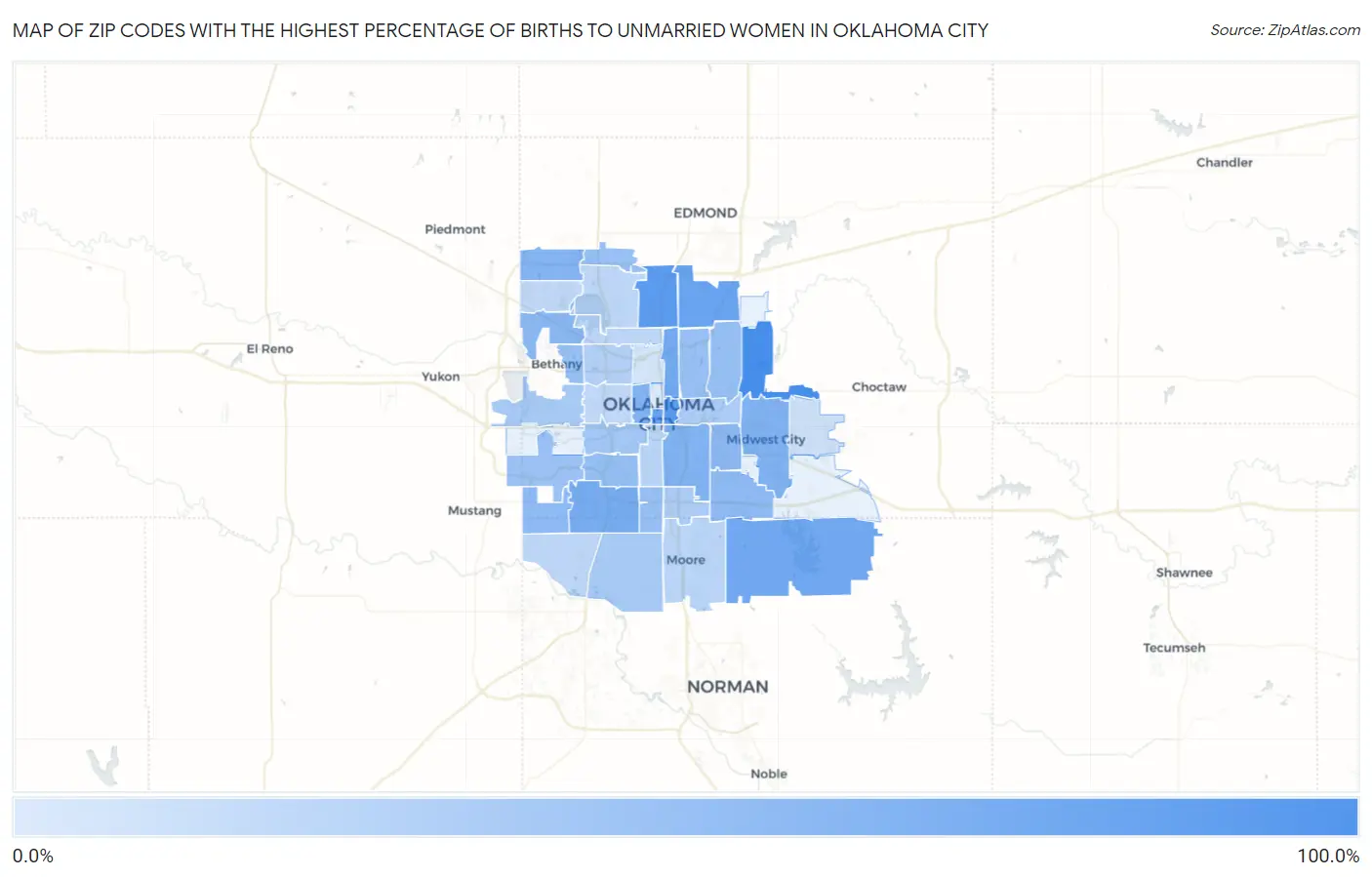Zip Codes with the Highest Percentage of Births to Unmarried Women in Oklahoma City Map
