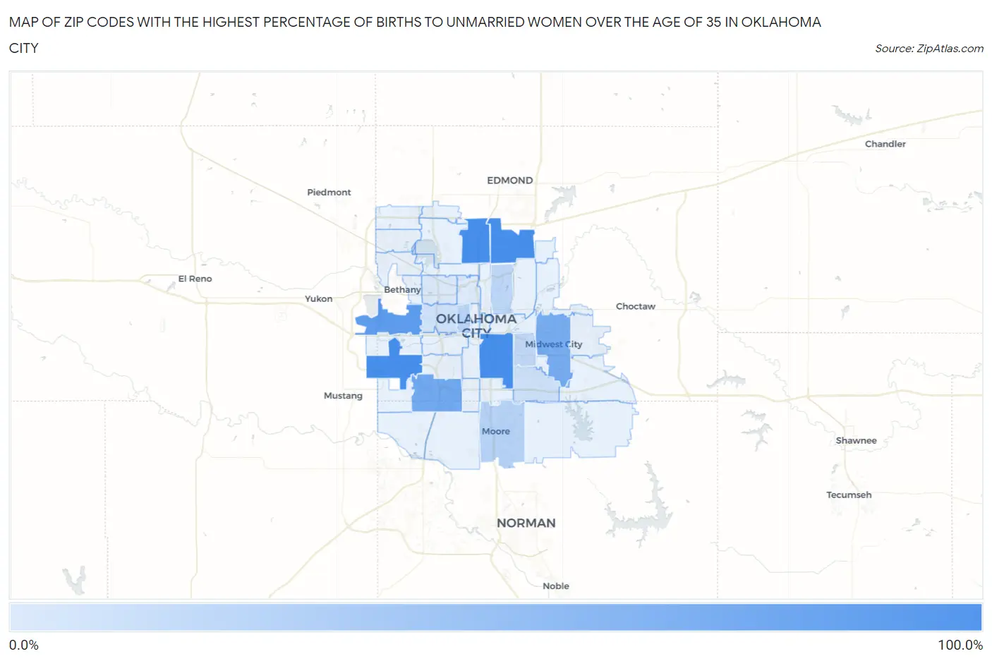 Zip Codes with the Highest Percentage of Births to Unmarried Women over the Age of 35 in Oklahoma City Map