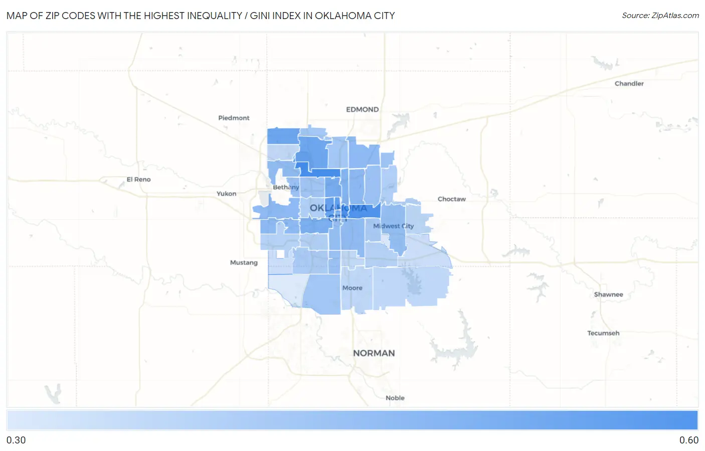 Zip Codes with the Highest Inequality / Gini Index in Oklahoma City Map