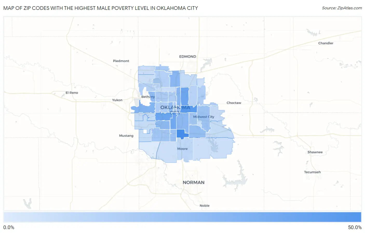 Zip Codes with the Highest Male Poverty Level in Oklahoma City Map