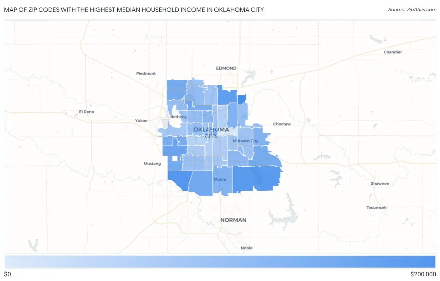 Zip Codes with the Highest Median Household Income in Oklahoma City Map