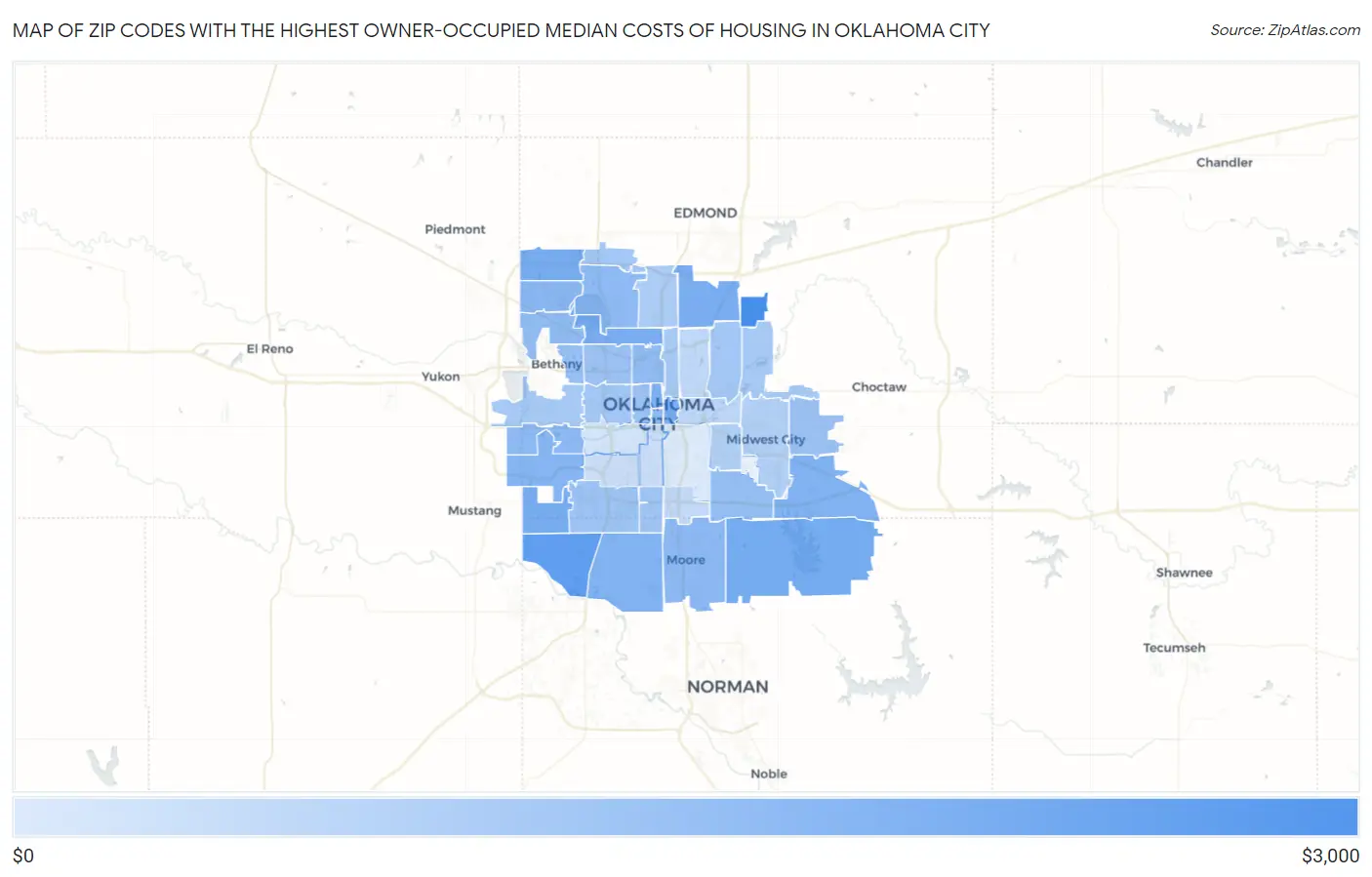 Zip Codes with the Highest Owner-Occupied Median Costs of Housing in Oklahoma City Map