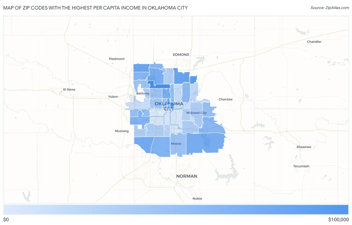 Zip Codes with the Highest Per Capita Income in Oklahoma City Map