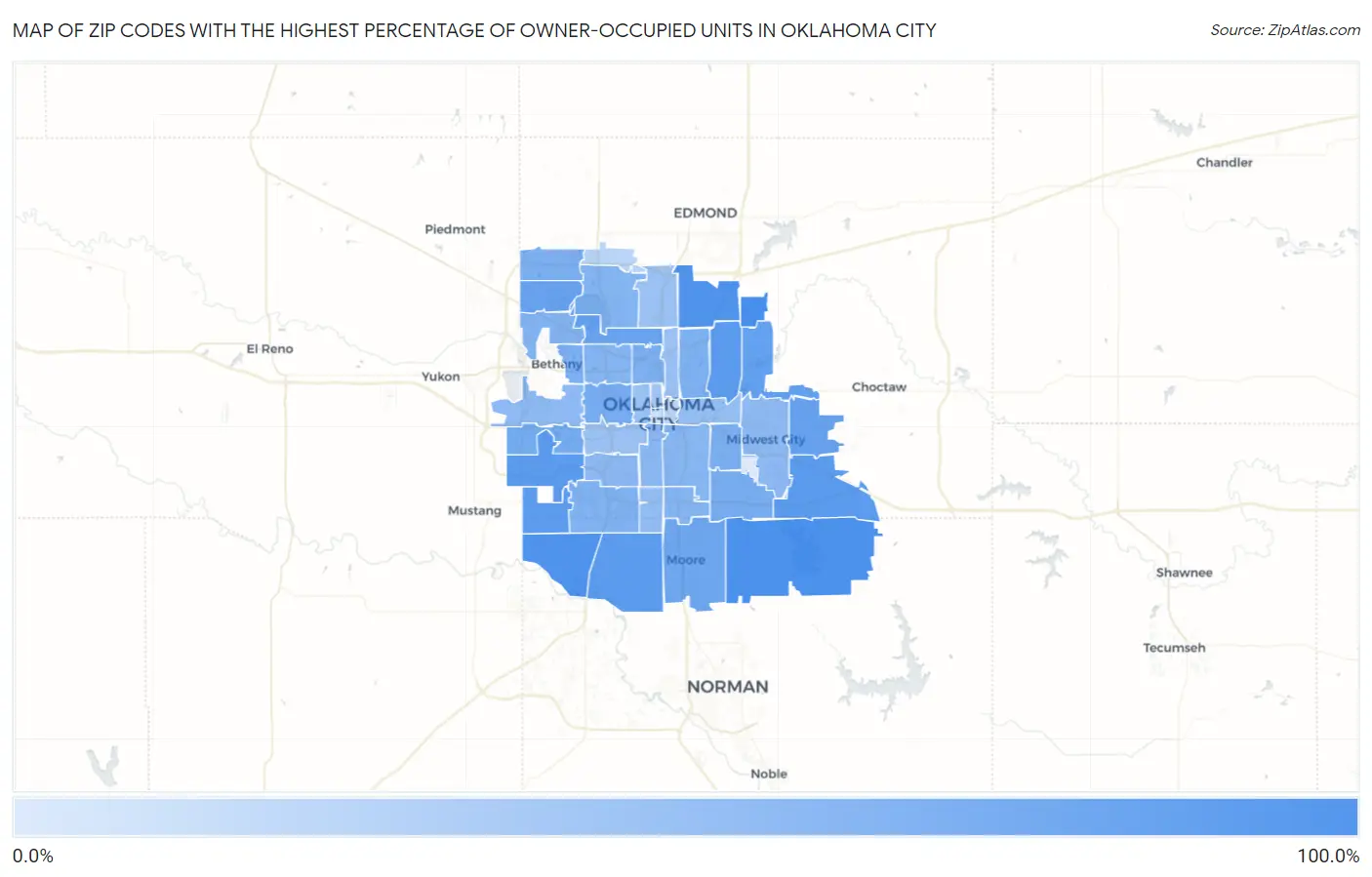 Zip Codes with the Highest Percentage of Owner-Occupied Units in Oklahoma City Map