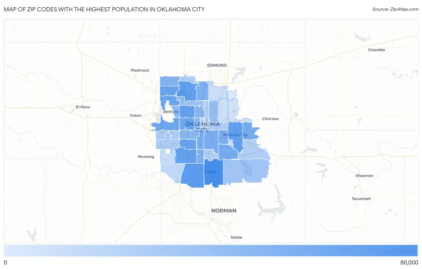 Zip Codes with the Highest Population in Oklahoma City Map
