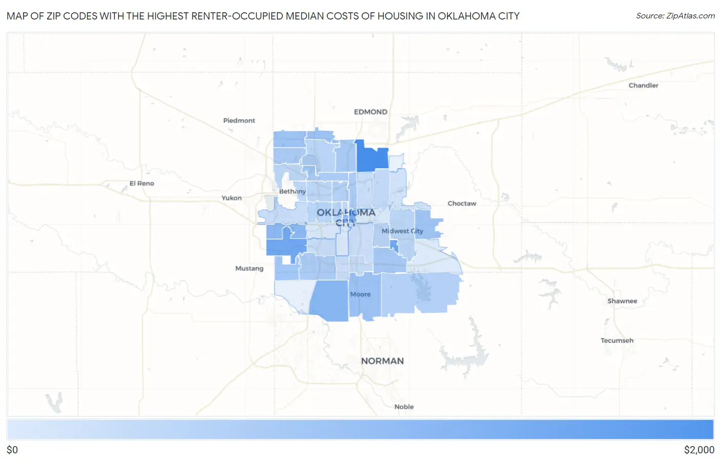 Zip Codes with the Highest Renter-Occupied Median Costs of Housing in Oklahoma City Map