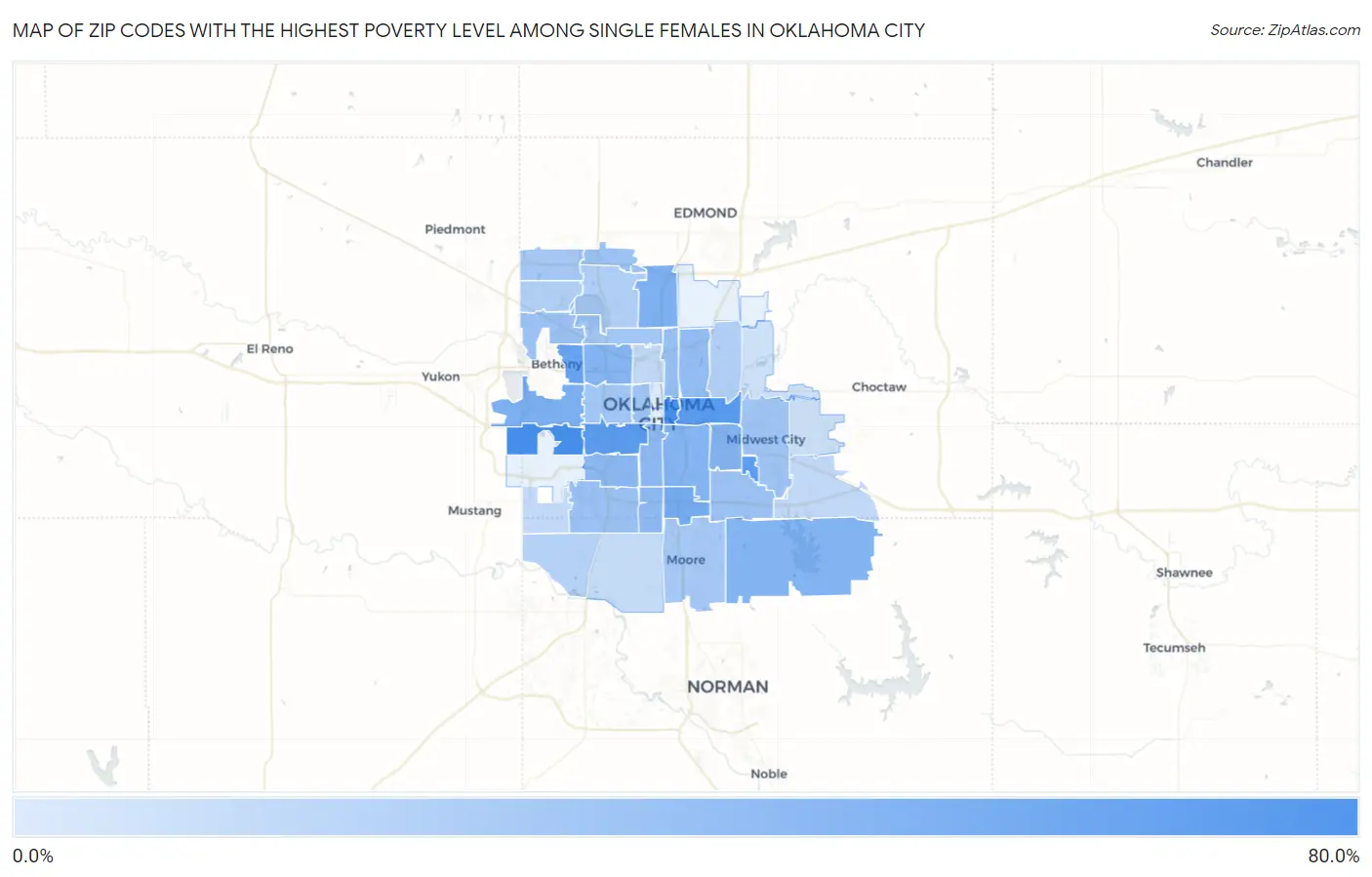 Zip Codes with the Highest Poverty Level Among Single Females in Oklahoma City Map