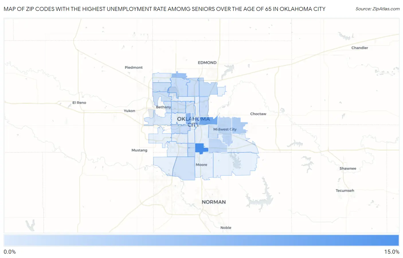 Zip Codes with the Highest Unemployment Rate Amomg Seniors Over the Age of 65 in Oklahoma City Map