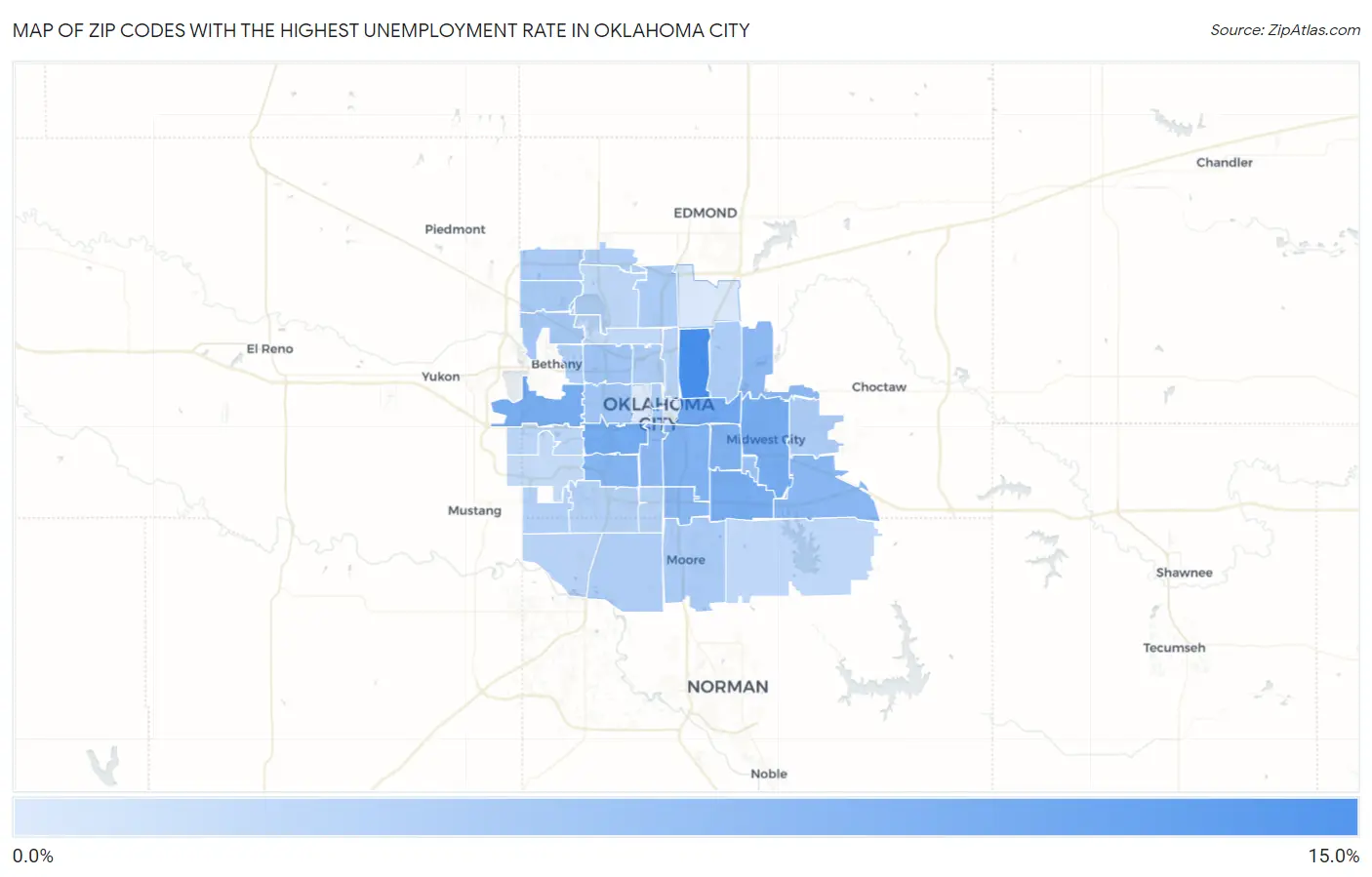 Zip Codes with the Highest Unemployment Rate in Oklahoma City Map