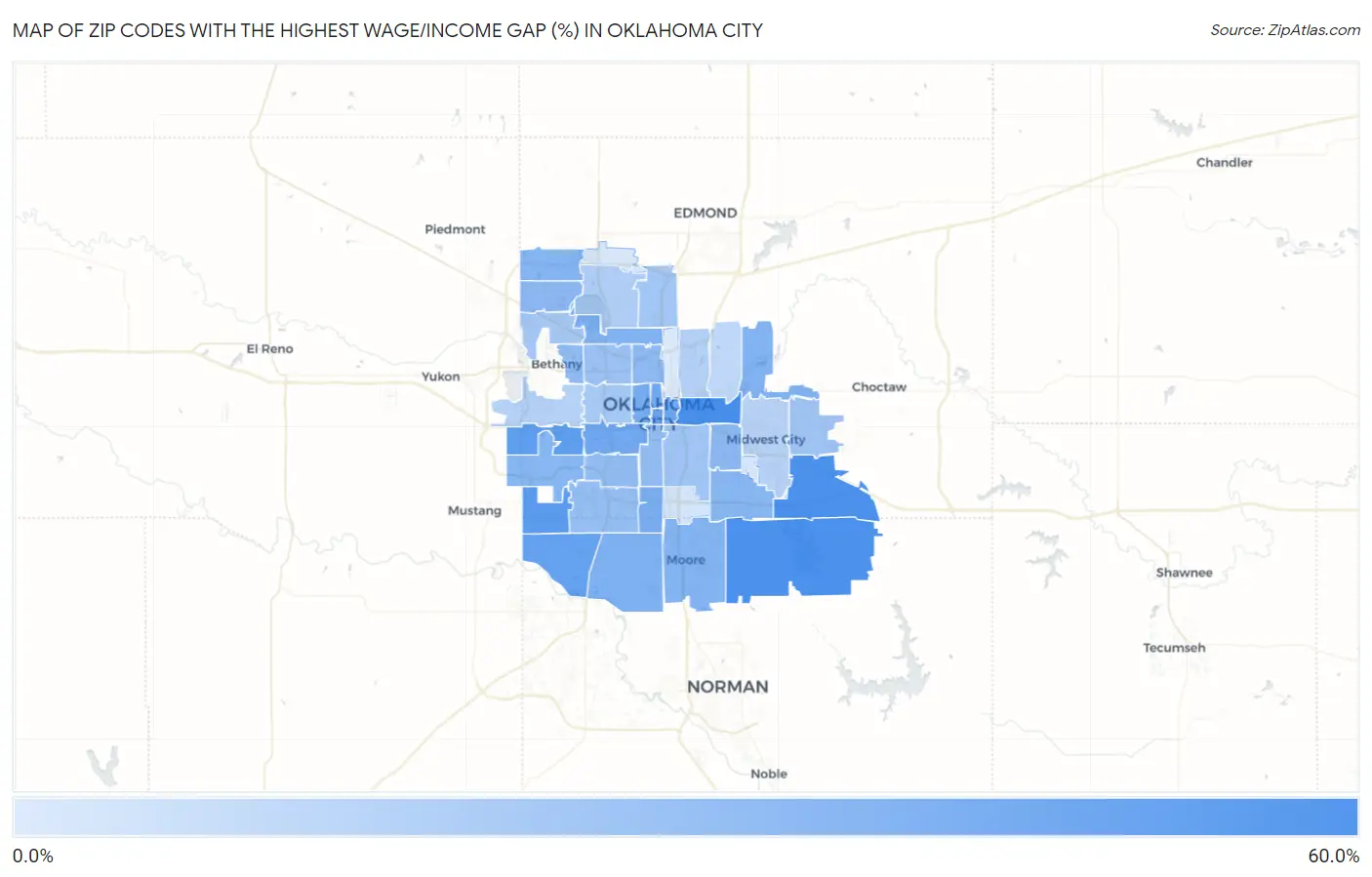 Zip Codes with the Highest Wage/Income Gap (%) in Oklahoma City Map