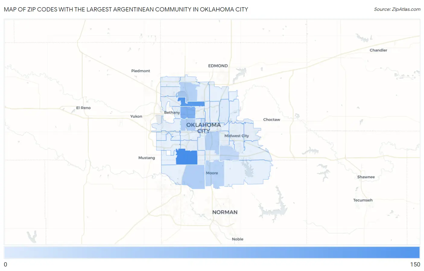 Zip Codes with the Largest Argentinean Community in Oklahoma City Map