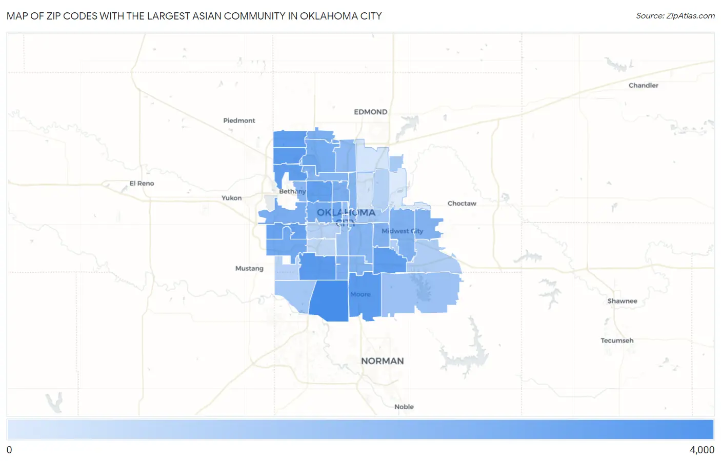 Zip Codes with the Largest Asian Community in Oklahoma City Map