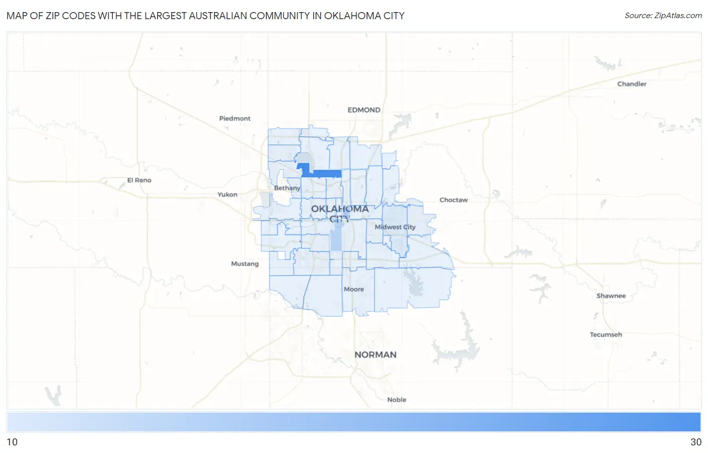Zip Codes with the Largest Australian Community in Oklahoma City Map