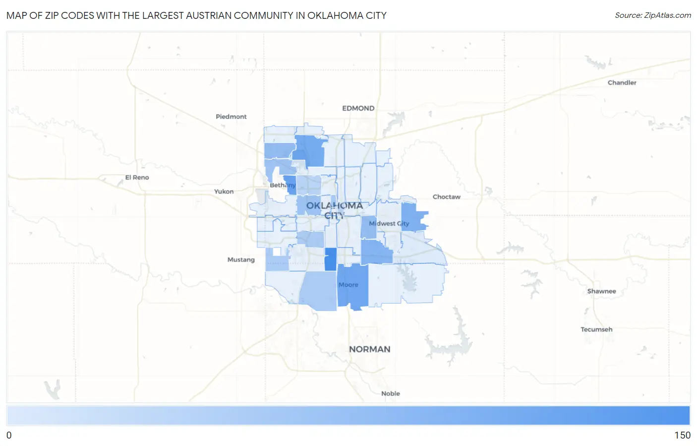 Zip Codes with the Largest Austrian Community in Oklahoma City Map