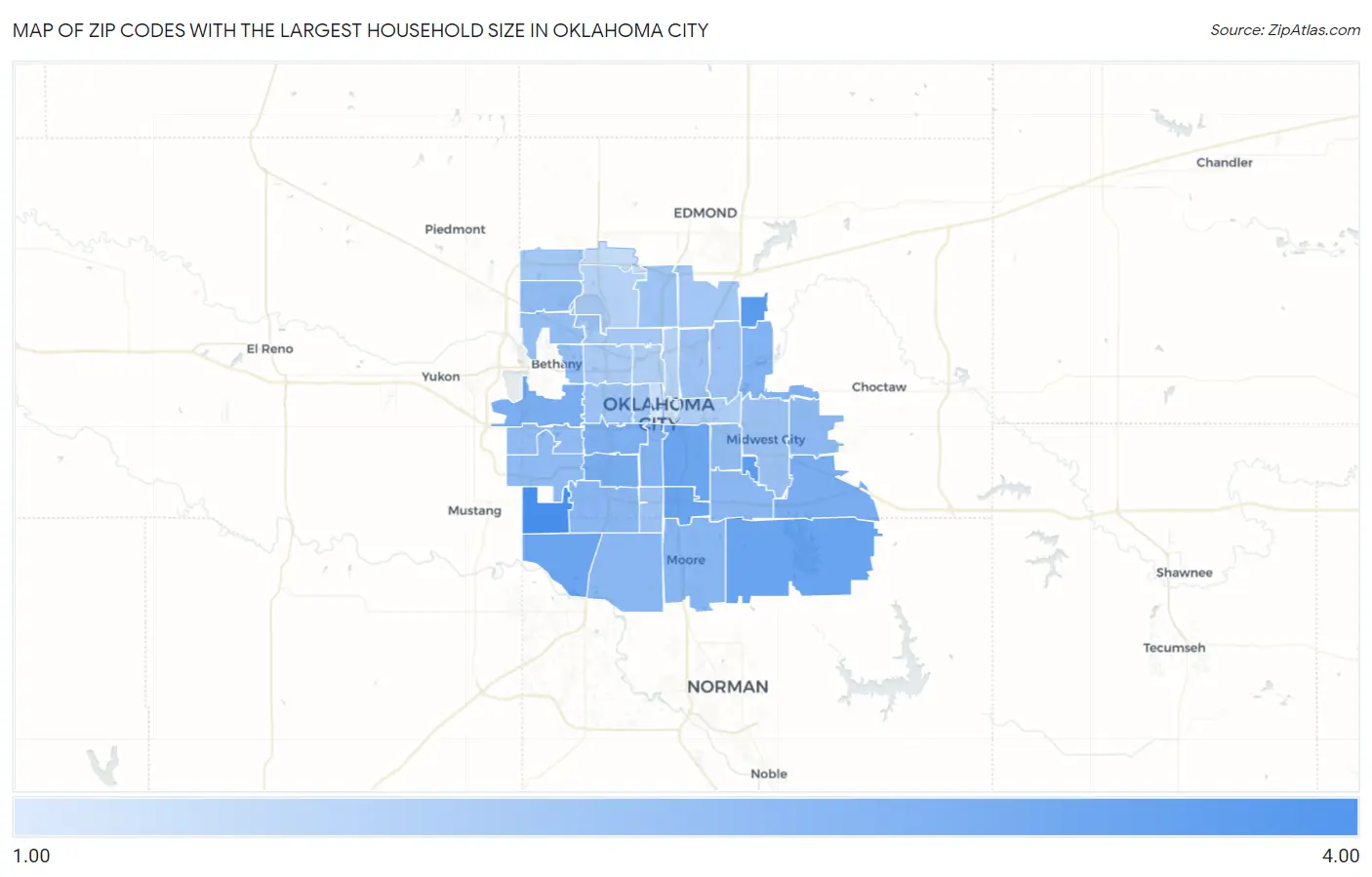 Zip Codes with the Largest Household Size in Oklahoma City Map