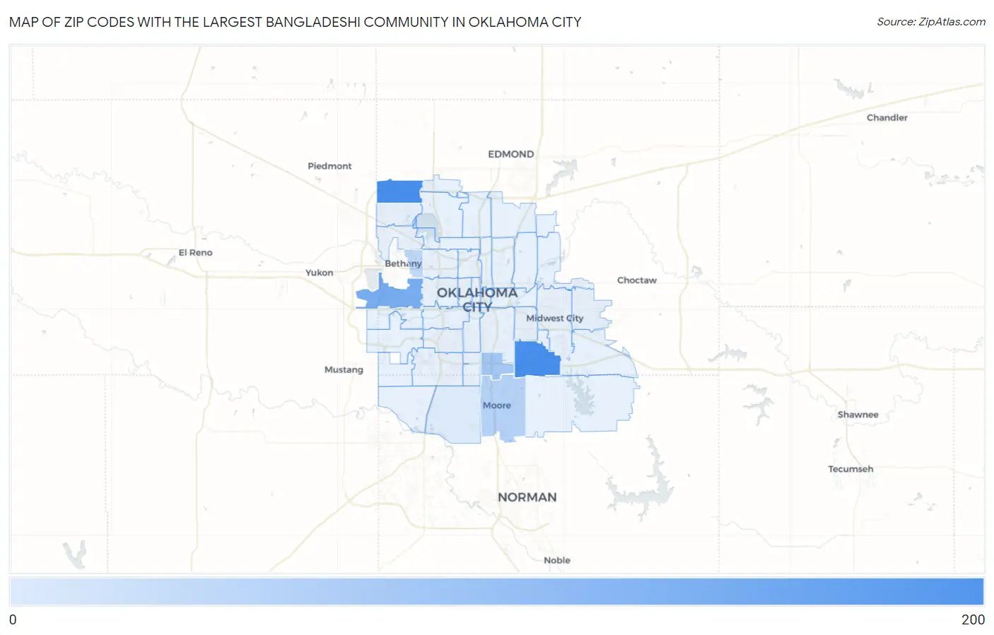 Zip Codes with the Largest Bangladeshi Community in Oklahoma City Map
