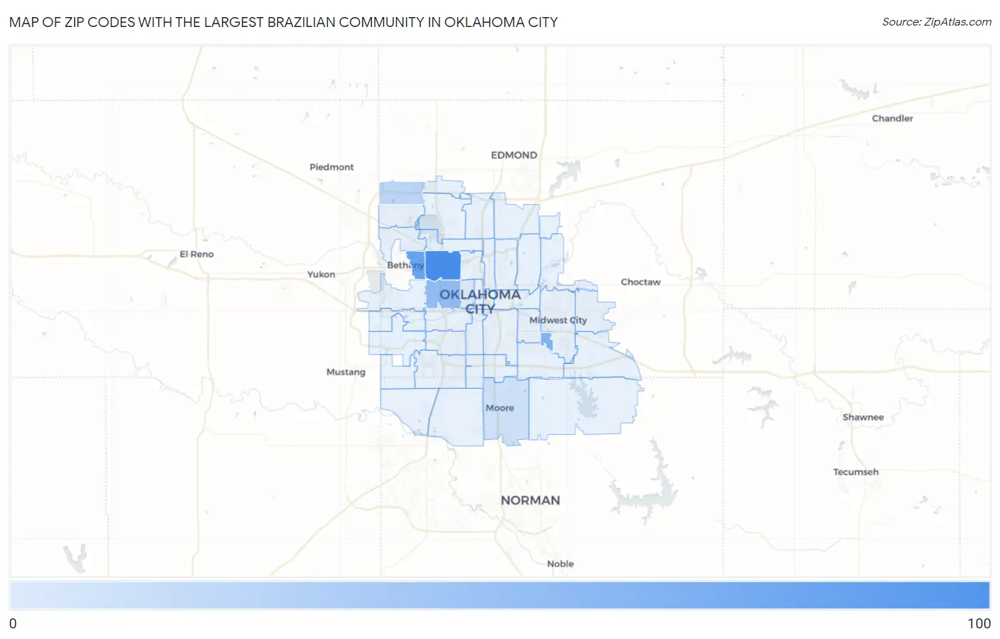 Zip Codes with the Largest Brazilian Community in Oklahoma City Map
