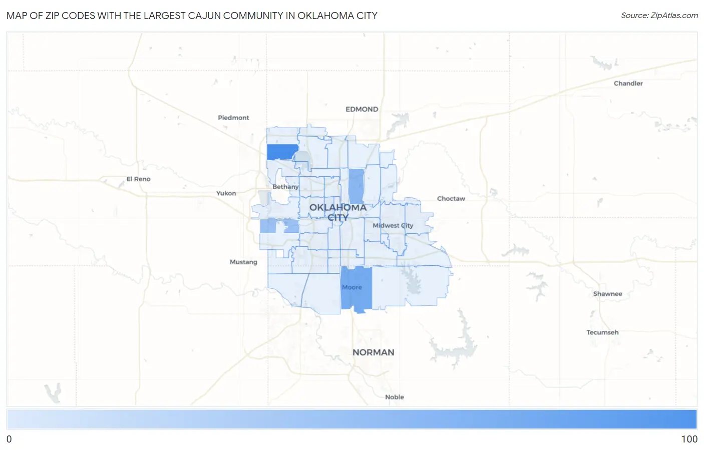 Zip Codes with the Largest Cajun Community in Oklahoma City Map