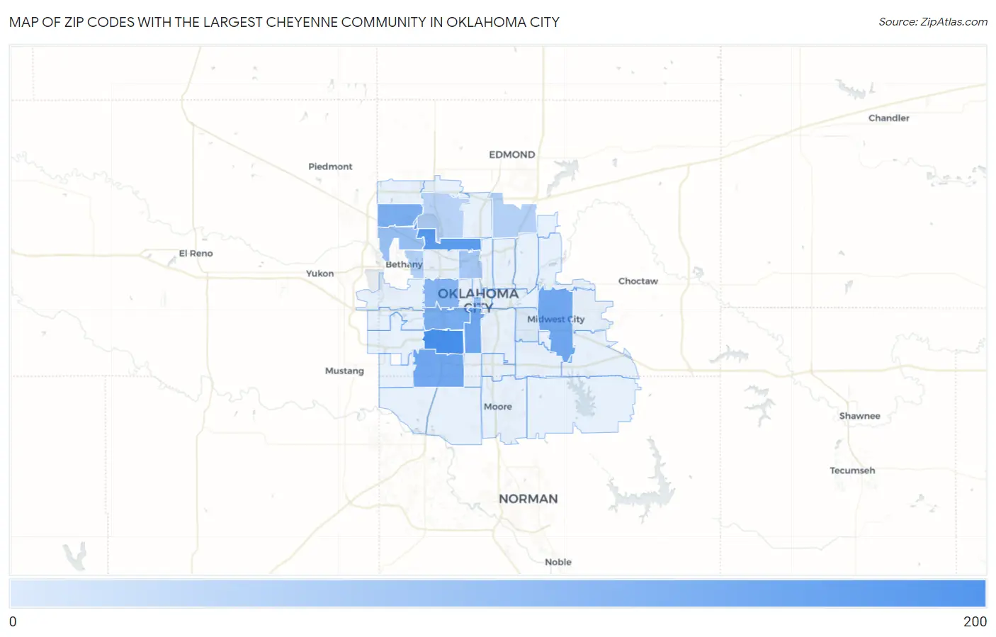 Zip Codes with the Largest Cheyenne Community in Oklahoma City Map